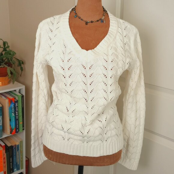 Vintage 90s Ivory White Chunky Cable Knit Sweater Preppy Romantic Whimsygoth - Picture 1 of 5